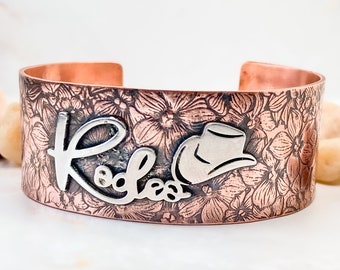 Rodeo Cuff Bracelet Cooper and Sterling Silver Floral Cuff, Cuff bracelet for Cowgirl, Rodeo Jewelry, Horse girl gifts, Copper bracelet cuff