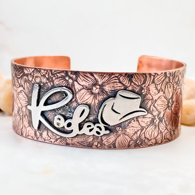 Rodeo Cuff Bracelet Cooper and Sterling Silver Floral Cuff, Cuff bracelet for Cowgirl, Rodeo Jewelry, Horse girl gifts, Copper bracelet cuff image 1