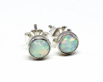 White Opal Stud Earrings: Sterling Silver Tiny opal studs, Shimmering Gemstones