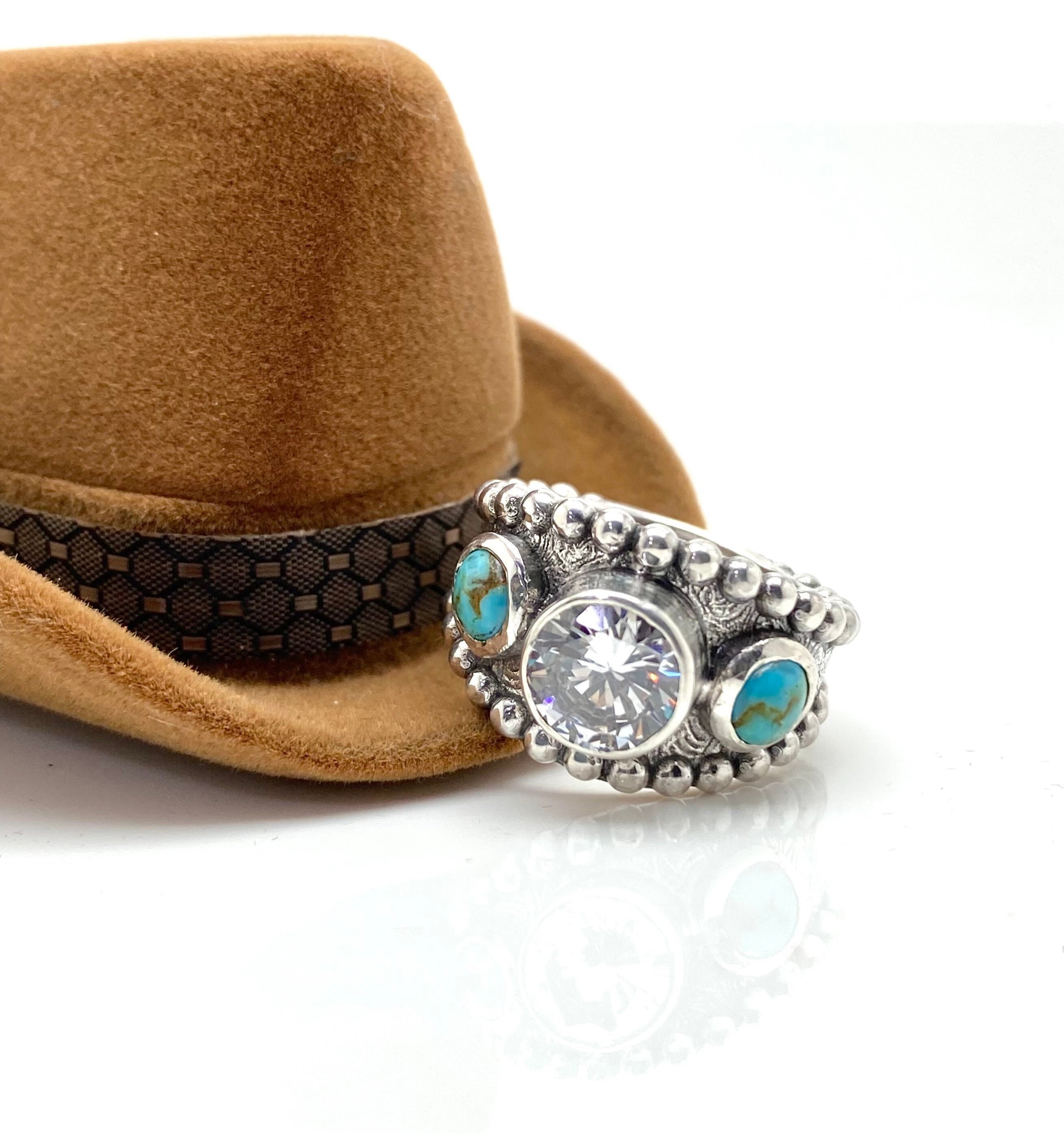 Turquoise Ring With CZ - Sterling Silver - Western Wedding Ring for ...