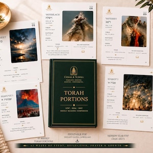 May include: A dark green hardcover book titled Torah Portions 5787-2026-2027 Weekly Reading Companion, surrounded by four white informational sheets featuring biblical imagery, Hebrew text, and scripture references for study and reflection.