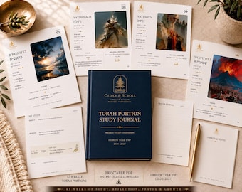 May include: A dark blue hardcover Torah Portion Study Journal with gold lettering, surrounded by several white study sheets featuring biblical artwork, Hebrew text, and study prompts. A gold pen lies next to the journal on a neutral surface.