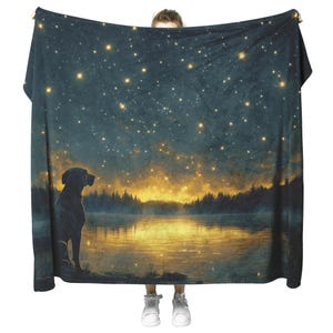 Great Dane Standing by Lake at Dusk Surrounded by Shimmering Stars and Cascading Silver Mist Fleece Sherpa Blanket