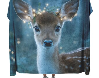 Deer Fawn With Bright Blue Eyes And Antlers Decorated With Fairy Lights Fleece Sherpa Blanket