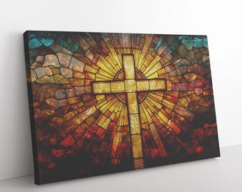 Stained Glass Cross Canvas Art: Radiant Golden Mosaic