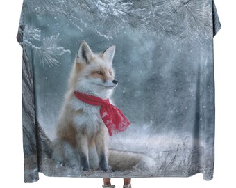 Fox With Red Scarf Sitting Beside Frosted Pine Tree Under Snowfall Fleece Sherpa Blanket