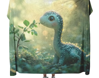 Baby Brachiosaurus Fleece Sherpa Blanket, Pastel Green Dino Decor