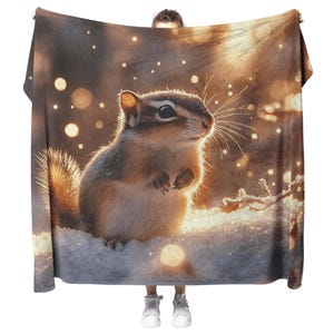 Chipmunk Standing in Snowy Forest Surrounded by Glowing Frost Covered Branches and Twinkling Snowflakes Fleece Sherpa Blanket
