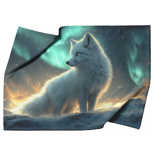Arctic Fox Fleece Blanket: Northern Lights, Silver Highlights