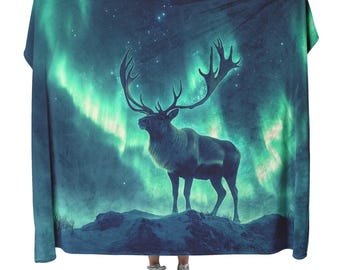 Caribou Aurora Borealis Fleece Blanket, Arctic Wildlife Sherpa