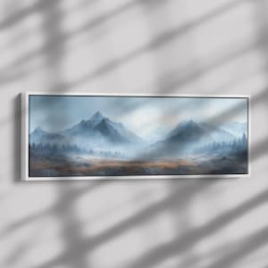 Minimalist Nature Illustration Foggy Landscape Gray Mountains Taupe Fields Ultra High Definition Calm Neutral Panoramic Framed Canvas Wall