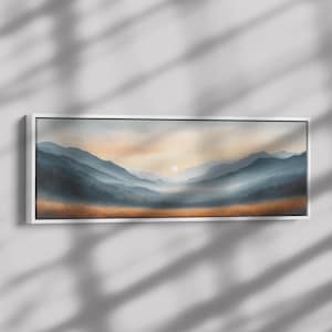 Minimalist Nature Illustration Foggy Landscape Gray Mountains Taupe Fields Ultra High Definition Calm Neutral Panoramic Framed Canvas Wall