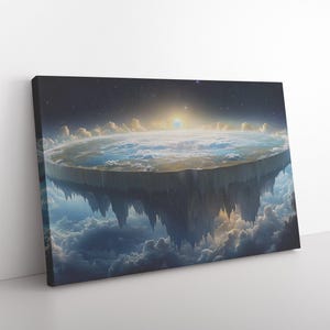 Terre plate avec firmament reposant sur une structure en pierre géante avec décoration murale en toile cosmos étoilé