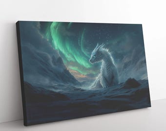 Ice Dragon Canvas Art: Mystical Aurora Borealis Landscape Decor