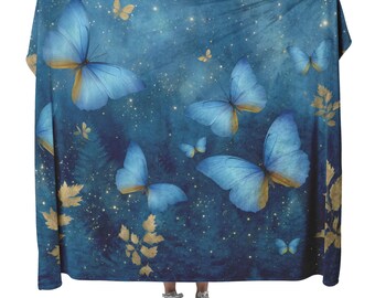Golden Butterflies Forming Swirling Pattern Over Deep Navy Vintage Wallpaper With Faded Gold Accents Fleece Sherpa Blanket
