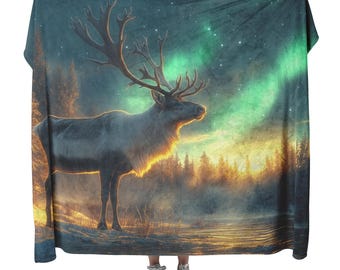 Majestic Reindeer in a Glowing Snowy Forest Under Aurora Borealis With Antlers Illuminated by Green and Blue Light Fleece Sherpa Blanket