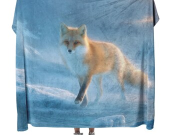Fantasy Fox Spirit With Glowing Fur Walking Across Floating Snow Islands Sherpa Fleece Blanket