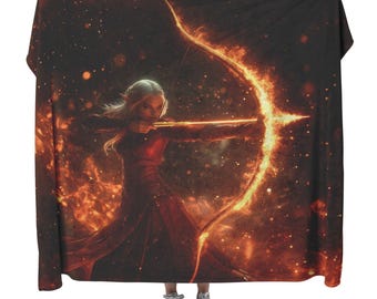 Blood Elf Hunter Fleece Sherpa Blanket Crimson Leather Armor Glowing Bow Golden Textures Cosmic Highlights Majestic WoW Design