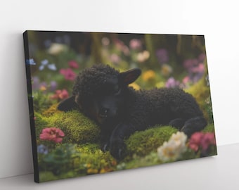 Serenity in Nature Black Lamb Resting in an Enchanted Garden   Christian Canvas Wall Art Decor