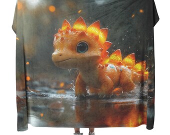 Baby Stegosaurus Splashing in Puddle With Glowing Textures and Colorful Reflections Fleece Sherpa Blanket