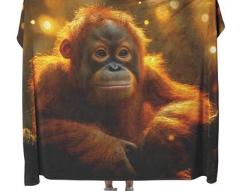 Orangutan Sherpa Fleece Blanket, Rainforest Golden Light Design