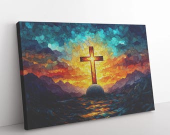 Stained Glass Cross Canvas Art: Sunset Mountains, Religious Home Decor