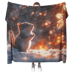 Chipmunk Standing in Snowy Forest Surrounded by Glowing Frost Covered Branches and Twinkling Snowflakes Fleece Sherpa Blanket