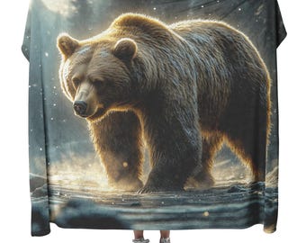 Manta de sherpa con diseño de oso grizzly, valle invernal nevado