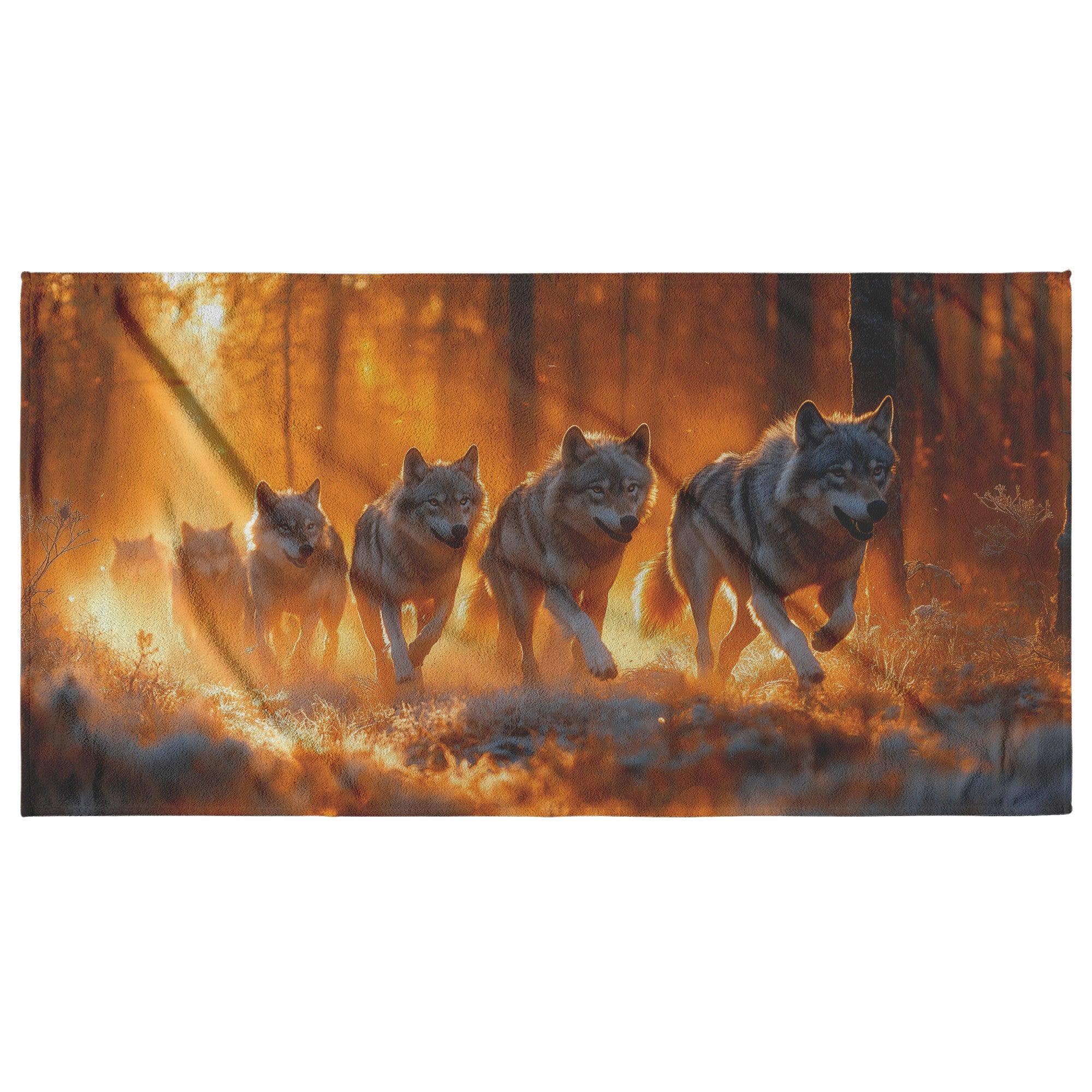 Wolf Pack Running Through Misty Forest with Golden Morning Light Streaming Through Trees Wildlife Design Beach Towel