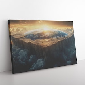 Toile terre plate avec firmament sur une pierre géante au-dessus des nuages