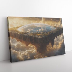 Terre plate avec firmament sur une surface rocheuse carrée recouverte de verdure Art déco murale en toile