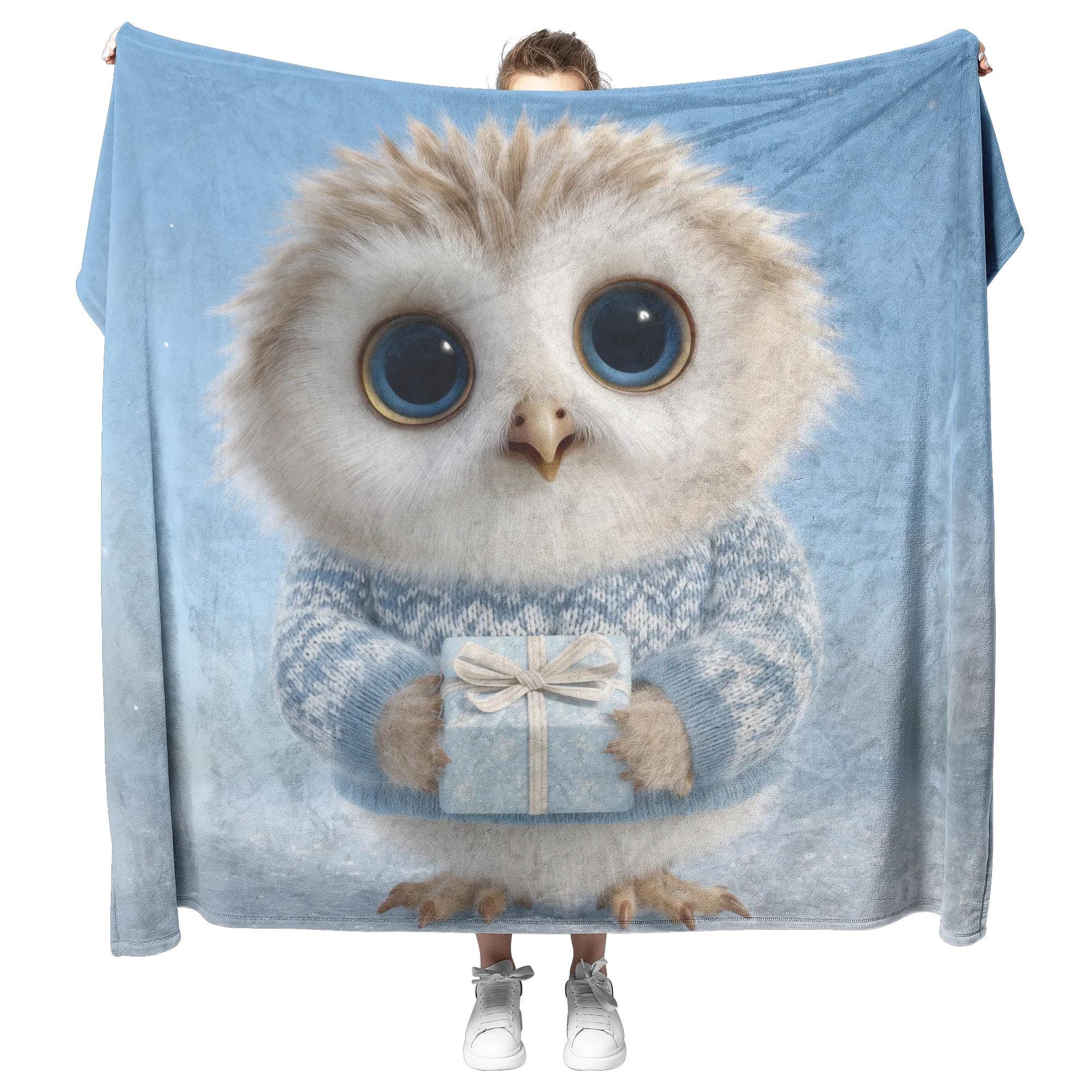 Chubby Blue Eyed Owl In Christmas Sweater Holding Gift Box Fleece Sherpa Blanket