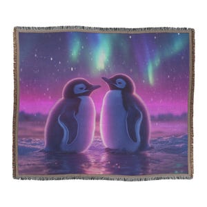 Two Penguins Huddling Together Under Glowing Aurora Sky with Intricate Snow Details and Vibrant Colors Woven Throw Blanket