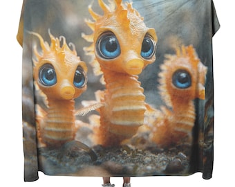 Speels Seahorse Family Sherpa-deken onderwaterthema Zacht, gezellig marinedecor
