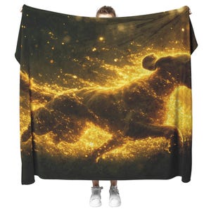 Great Dane in Mid Run Through Lush Green Field Surrounded by Shimmering Golden Textures and Glowing Light Trails Fleece Sherpa Blanket