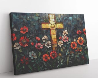 Stained Glass Cross Canvas Art, Vibrant Floral Christian Decor