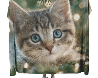 Kitten With Blue Eyes Tangled In Glowing Christmas Lights And Ornaments Fleece Sherpa Blanket