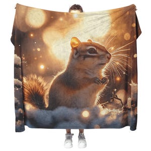 Chipmunk Standing in Snowy Forest Surrounded by Glowing Frost Covered Branches and Twinkling Snowflakes Fleece Sherpa Blanket