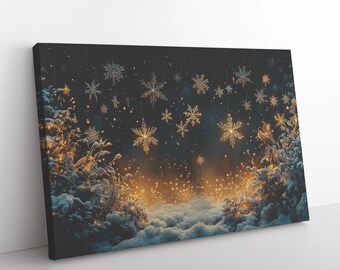 Silver Snowflake Canvas Art, Winter Light Trails Design