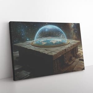 Terre plate avec firmament sur une table en pierre ancienne avec fond de cosmos étoilé Art déco murale en toile