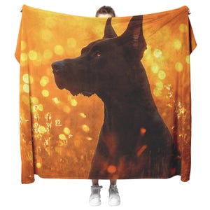 Great Dane Standing in Sunlit Meadow Surrounded by Shimmering Textures and Glowing Golden Light Trails Fleece Sherpa Blanket