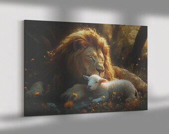 Quadro Su Tela Leone E Agnello – Stampa Artistica Religiosa Cristiana Con Croce Tra Le Nuvole, 30x40 O 40x60 Cm, Per Casa E Chiesa