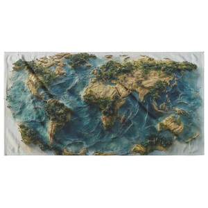 Toalla de playa con mapa del mundo artístico que presenta bosques frondosos, océanos vibrantes y un diseño geográfico detallado, perfecto para los amantes de los viajes