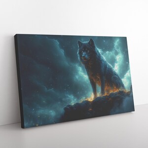 Majestic Black Wolf Standing on Fiery Rock Under Mystical Sky Canvas Wall Art for Nature and Fantasy Decor
