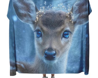 Deer Fawn With Bright Blue Eyes And Antlers Decorated With Fairy Lights Fleece Sherpa Blanket