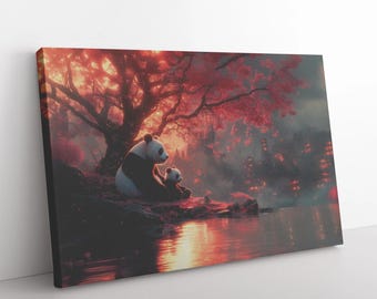Panda Family Cherry Blossom Canvas Wall Art