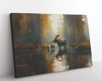 Moose Family Canvas Art: Golden Autumn Morning, Christian Wall Decor