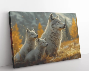 Mother Wolf and Cubs Canvas Art, Autumn Meadow Mountain Decor