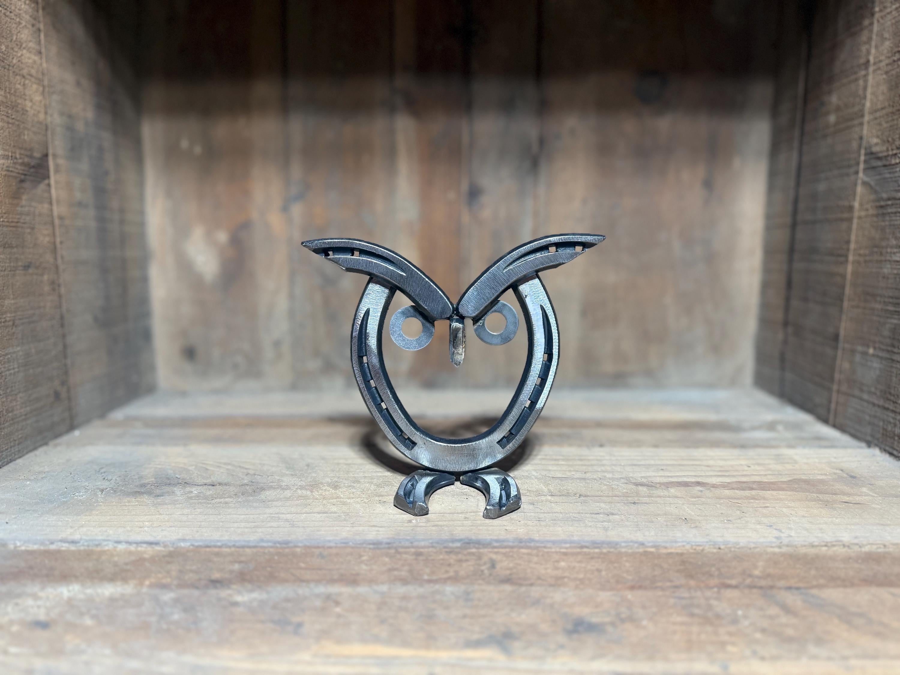 Welded Horseshoe Owl Sculpture - Handmade Metal Owl Decor