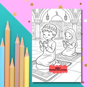 Könnte beinhalten: Schwarz-Weiß-Malvorlage mit zwei betenden Kindern in einer Moschee. Das Bild enthält detaillierte architektonische Elemente und Gebetsteppiche. Buntstifte in Blau, Orange und Gelb sind links angeordnet. Text: SAMPLE Download after purchase.